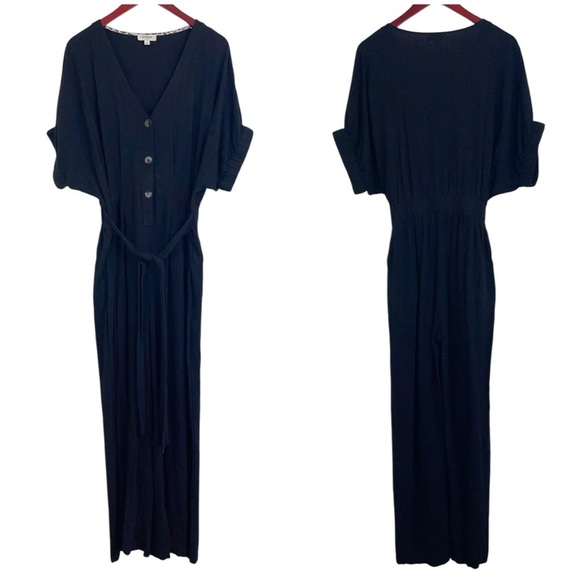 Umgee linen jumpsuit pants button front tie waist black womens medium - Picture 1 of 7